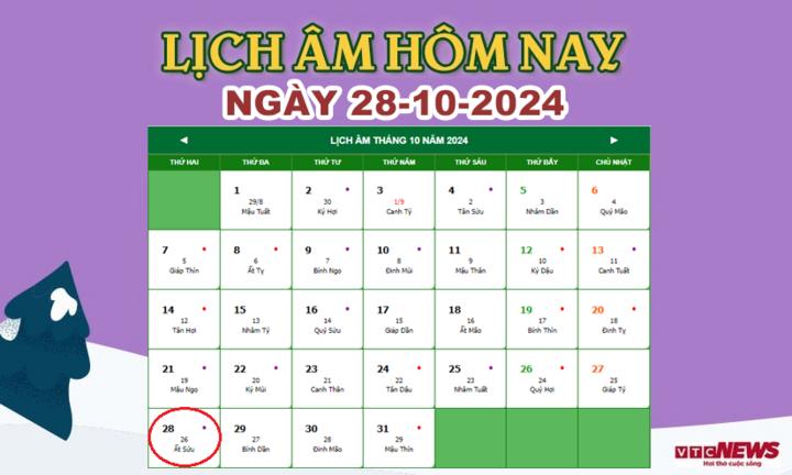 Xem lịch âm hôm nay ngày 28/10/2024.