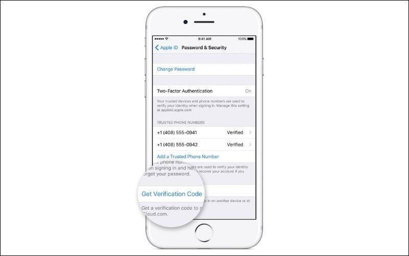 chọn get verification code để nhận mã trên iphone