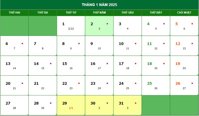 Lịch dương, âm tháng 1 năm 2025